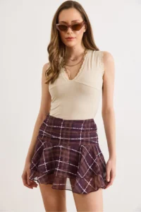 Olalook Women's Plum Zippered Plaid Tulle Skirt with Shorts - Image 2