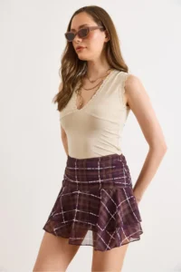 Olalook Women's Plum Zippered Plaid Tulle Skirt with Shorts - Image 3