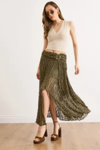 Olalook Women's Khaki Waist Accessories Lined Slit Boho Skirt