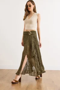 Olalook Women's Khaki Waist Accessories Lined Slit Boho Skirt - Image 2