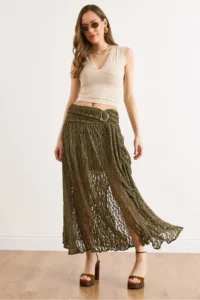 Olalook Women's Khaki Waist Accessories Lined Slit Boho Skirt - Image 3