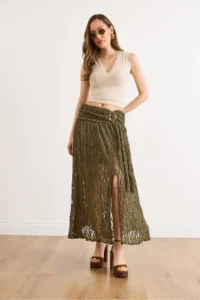 Olalook Women's Khaki Waist Accessories Lined Slit Boho Skirt - Image 4