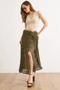 Olalook Women's Khaki Waist Accessories Lined Slit Boho Skirt - Image 5