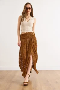Olalook Women's Tan Waist Accessories Lined Slit Boho Skirt - Image 2