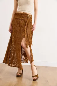 Olalook Women's Tan Waist Accessories Lined Slit Boho Skirt - Image 3