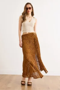 Olalook Women's Tan Waist Accessories Lined Slit Boho Skirt - Image 4