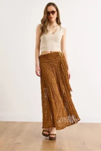 Olalook Women's Tan Waist Accessories Lined Slit Boho Skirt - Image 5