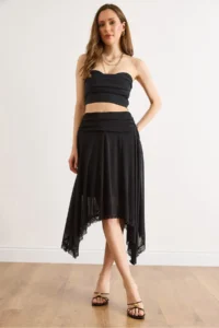 Olalook Women's Black Lined Asymmetrical Lace Detailed Boho Skirt
