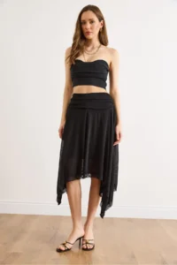 Olalook Women's Black Lined Asymmetrical Lace Detailed Boho Skirt - Image 2