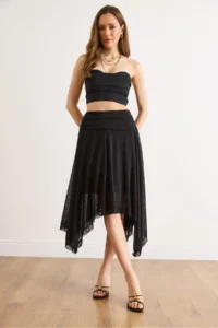 Olalook Women's Black Lined Asymmetrical Lace Detailed Boho Skirt - Image 3