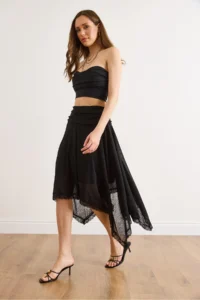 Olalook Women's Black Lined Asymmetrical Lace Detailed Boho Skirt - Image 4