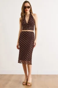 Olalook Women's Brown Lined Polka Dot Tulle Skirt