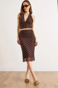 Olalook Women's Brown Lined Polka Dot Tulle Skirt - Image 2