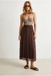 Olalook Women's Brown Polka Dot Lined Bell Tulle Skirt - Image 2