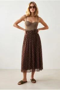 Olalook Women's Brown Polka Dot Lined Bell Tulle Skirt - Image 3