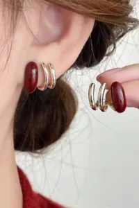Glaren Burgundy Enameled Three Row Gold Color Women Earrings
