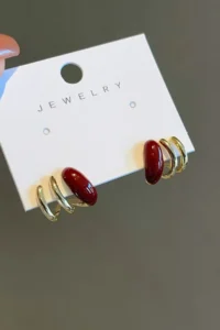 Glaren Burgundy Enameled Three Row Gold Color Women Earrings - Image 2