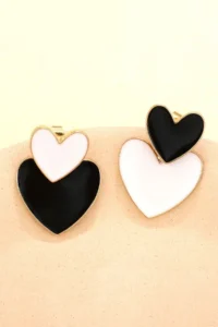 Glaren Black and White Enameled Heart Design Gold Color Women's Earrings - Image 2