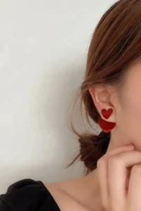 Glaren Red Enameled Heart Design Gold Color Women Earrings - Image 2