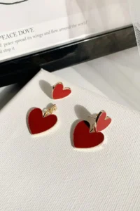 Glaren Red Enameled Heart Design Gold Color Women Earrings - Image 3