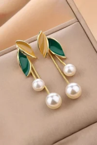 Glaren Green & Orange Enameled Leaf Detailed Pearl Pendant Gold Color Women's Earrings