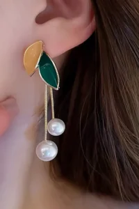 Glaren Green & Orange Enameled Leaf Detailed Pearl Pendant Gold Color Women's Earrings - Image 2