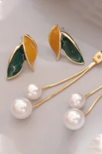 Glaren Green & Orange Enameled Leaf Detailed Pearl Pendant Gold Color Women's Earrings - Image 3