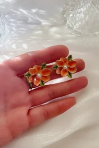 Glaren Design Orange Enameled Flower Gold Color Women Earrings - Image 2