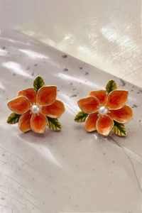 Glaren Design Orange Enameled Flower Gold Color Women Earrings - Image 3
