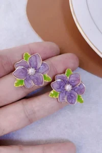Glaren Design Purple Enamel Flower Gold Color Women Earrings - Image 2
