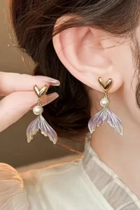 Glaren Pearl Detailed Lilac Fish Tail Women Earrings