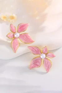 Glaren Pink Enameled 5 Petals Design Flower Women Earrings - Image 2