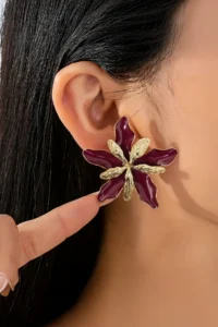 Glaren Big Flower Burgundy Color Gold Color Women Earrings - Image 2