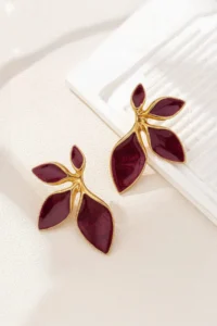 Glaren Burgundy Mineli Yaprak Gold Color Women Earrings