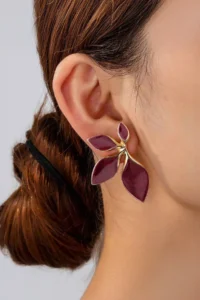 Glaren Burgundy Mineli Yaprak Gold Color Women Earrings - Image 2