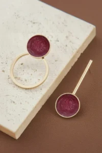 Glaren Burgundy Mineli Asymmetric Daire Gold Color Women Earrings - Image 2
