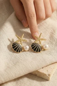 Glaren Gold Color Women's Earrings with Black Starfish and Pearl Detail - Image 3