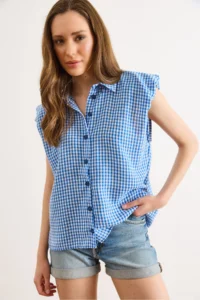 Olalook Women's Blue Shoulder Detailed Gingham Sleeveless Shirt