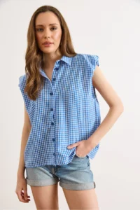 Olalook Women's Blue Shoulder Detailed Gingham Sleeveless Shirt - Image 2