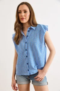 Olalook Women's Blue Shoulder Detailed Gingham Sleeveless Shirt - Image 3