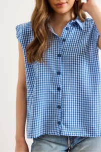 Olalook Women's Blue Shoulder Detailed Gingham Sleeveless Shirt - Image 4