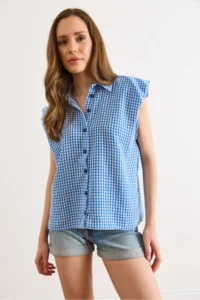 Olalook Women's Blue Shoulder Detailed Gingham Sleeveless Shirt - Image 5