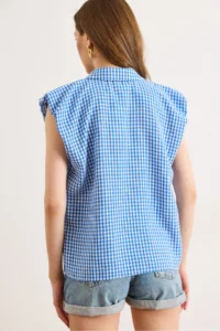 Olalook Women's Blue Shoulder Detailed Gingham Sleeveless Shirt - Image 6