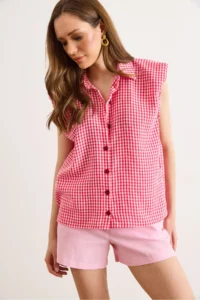 Olalook Women's Fuchsia Shoulder Detailed Gingham Sleeveless Shirt