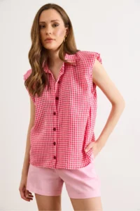 Olalook Women's Fuchsia Shoulder Detailed Gingham Sleeveless Shirt - Image 2
