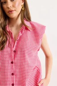 Olalook Women's Fuchsia Shoulder Detailed Gingham Sleeveless Shirt - Image 3