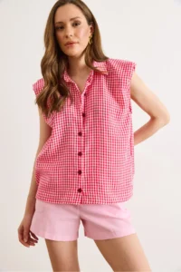 Olalook Women's Fuchsia Shoulder Detailed Gingham Sleeveless Shirt - Image 5