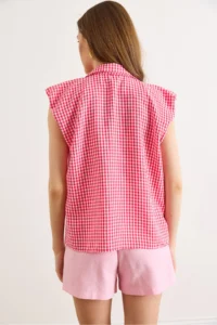 Olalook Women's Fuchsia Shoulder Detailed Gingham Sleeveless Shirt - Image 6