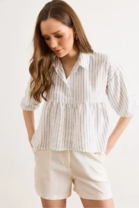 Olalook Women's White Striped Balloon Sleeve Ayrobin Shirt