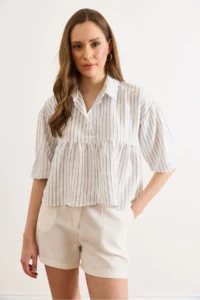 Olalook Women's White Striped Balloon Sleeve Ayrobin Shirt - Image 2